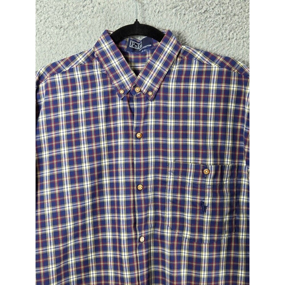 Vtg POLO Ralph Lauren Camp Shirt Mens L Plaid Pony Preppy Grunge Casual 90s